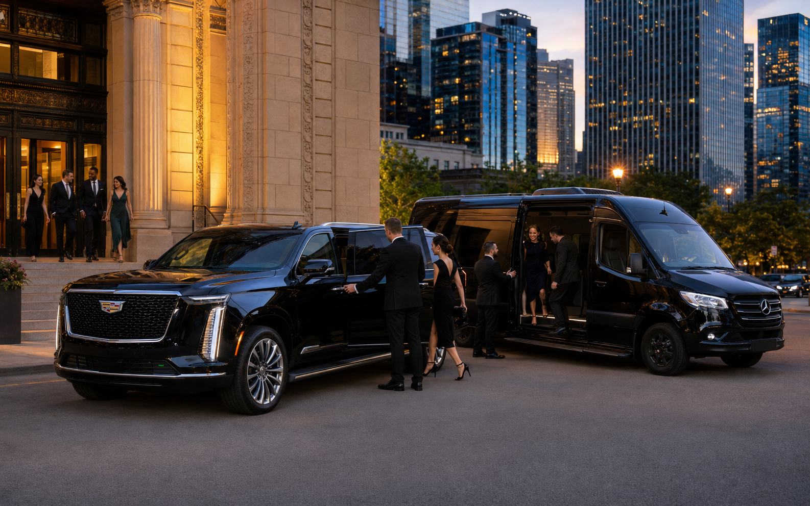 Chicago event limo fleet with Cadillac Escalade and Mercedes Sprinter