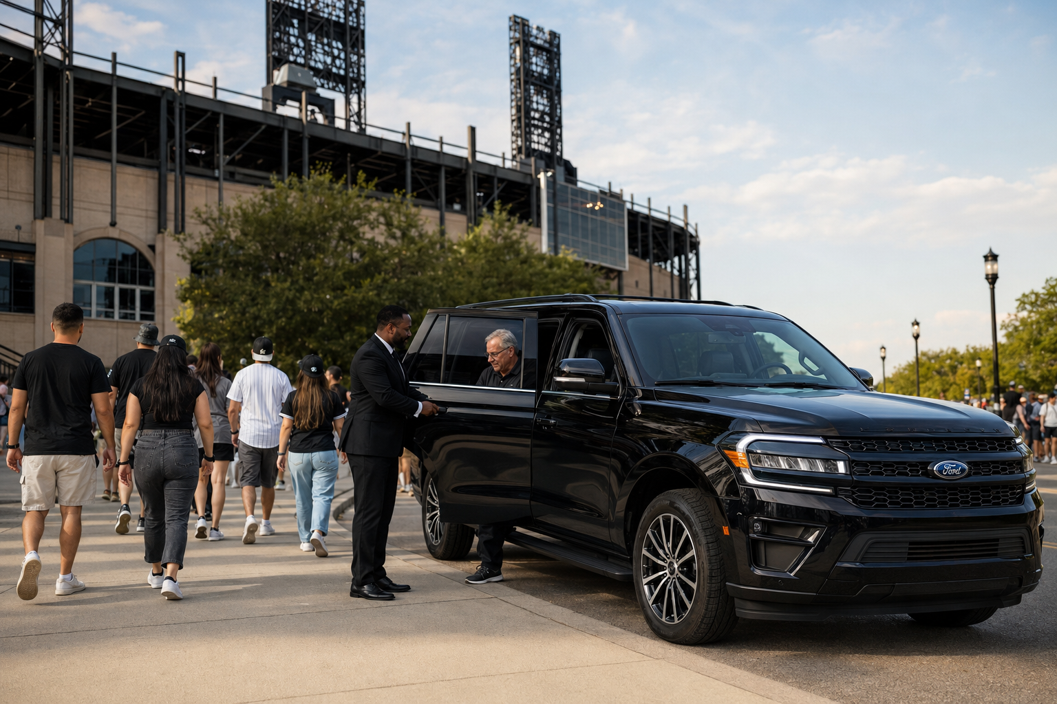 Black luxury vehicle providing Chicago stadium transportation