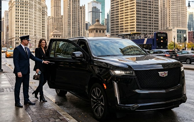 Professional chauffeur opening a Cadillac Escalade for a passenger in Chicago