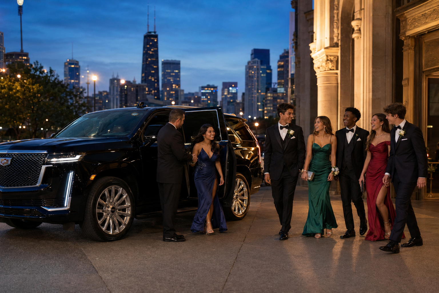 Chicago prom passengers arriving in a luxury chauffeured vehicle