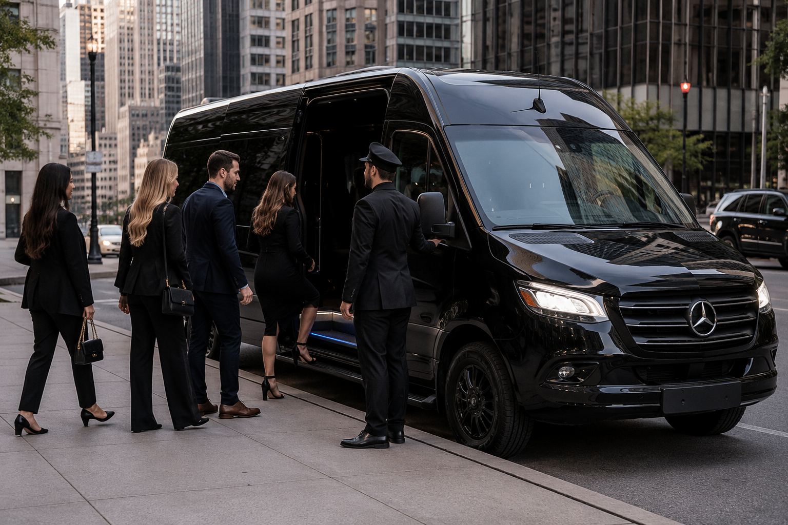 Passengers boarding luxury group transportation in Chicago
