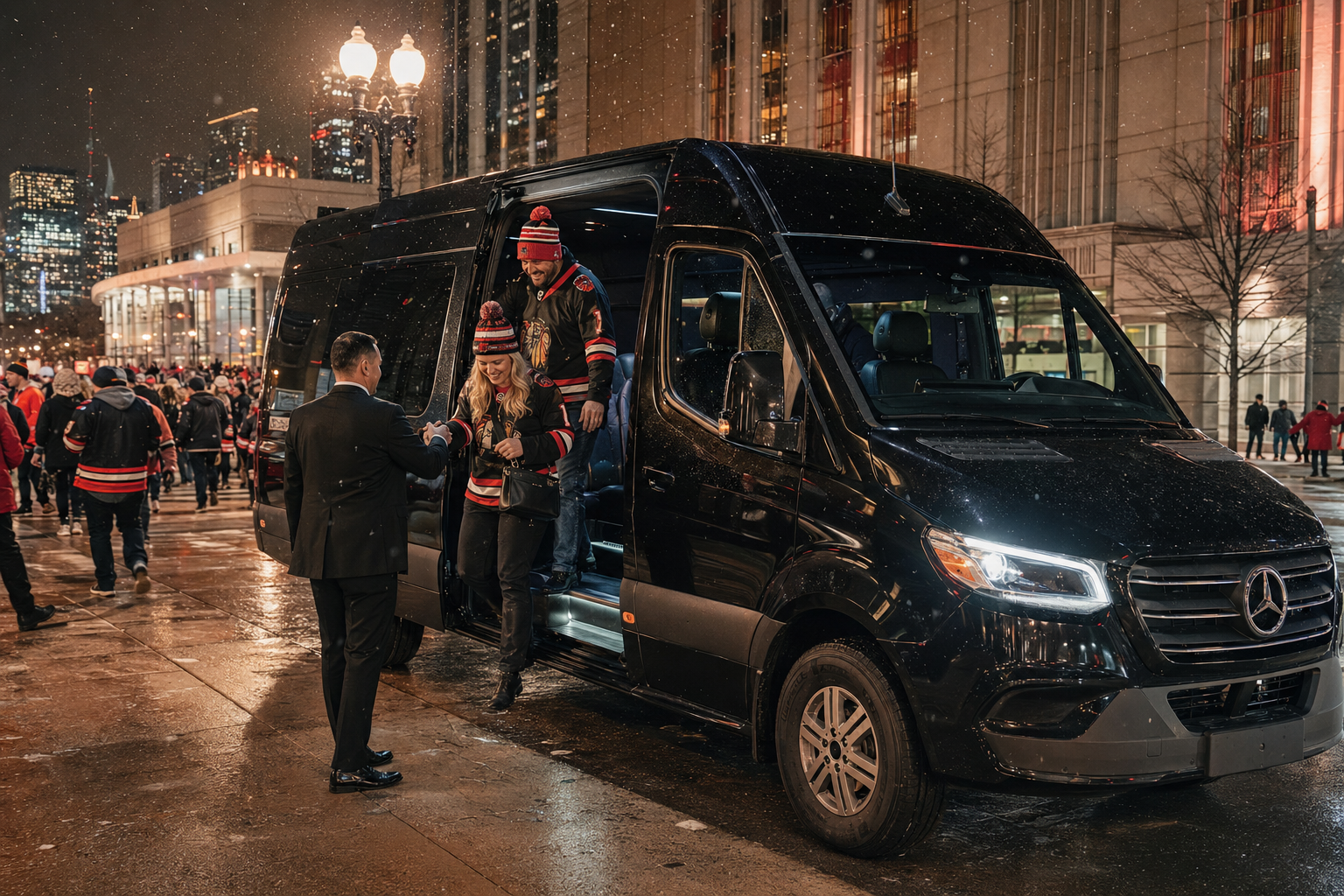 Group using chauffeured transportation for a Chicago sporting event