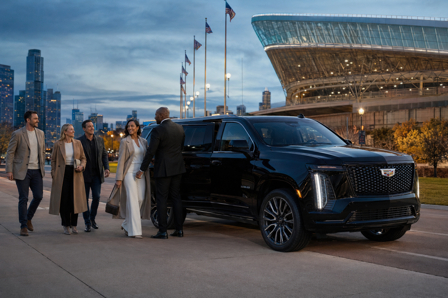 Luxury sporting event transportation arriving near a Chicago stadium