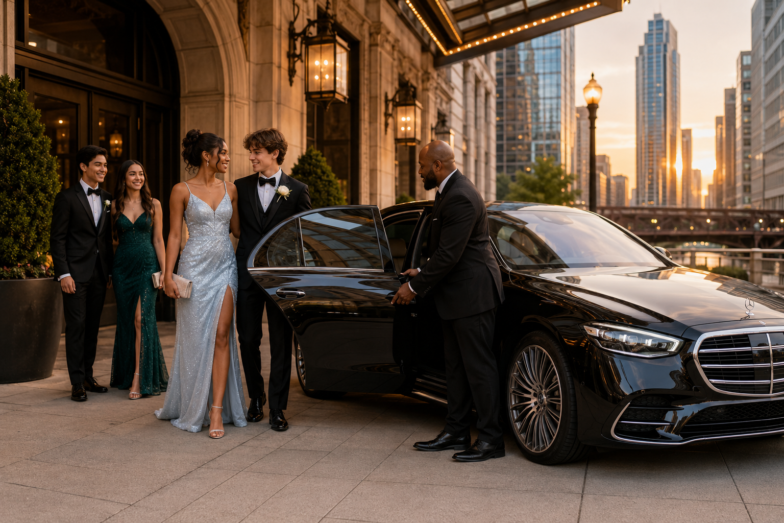 Prom group traveling together with a professional chauffeur in Chicago