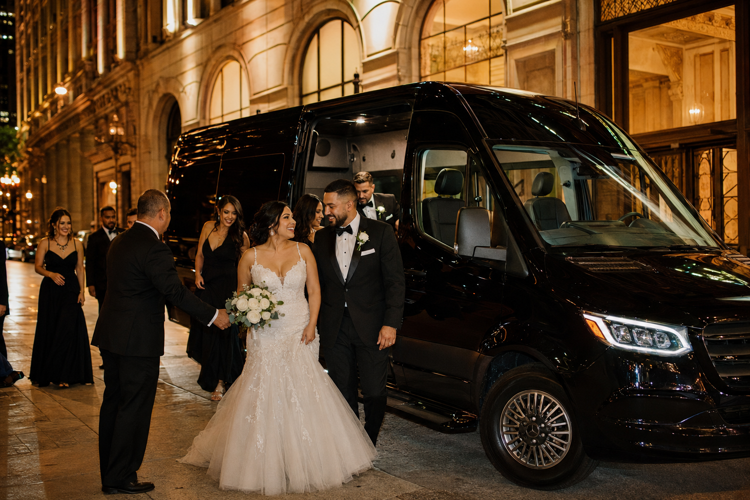 Luxury wedding limo transportation for a Chicago couple