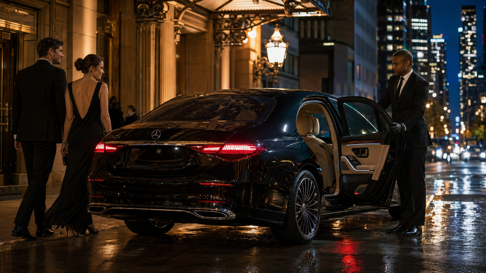 Couple arriving at a Chicago evening event in a black Mercedes S-Class with chauffeur